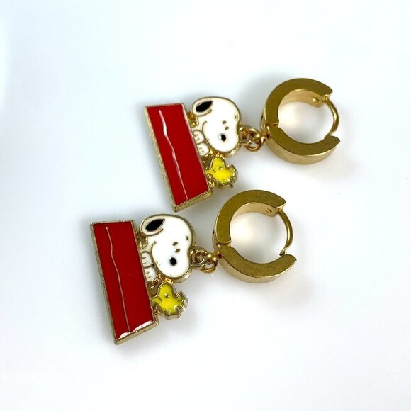 Snoopy Dog & Woodstock on Stainless Steel Huggie Hoop Earrings - Picture 6 of 9